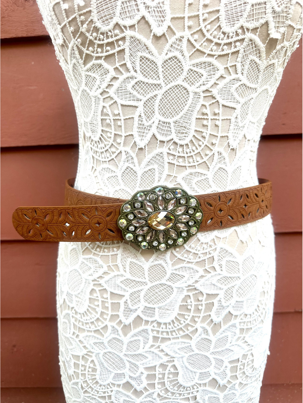 Brown Faux Leather Belt with Crystal Buckle